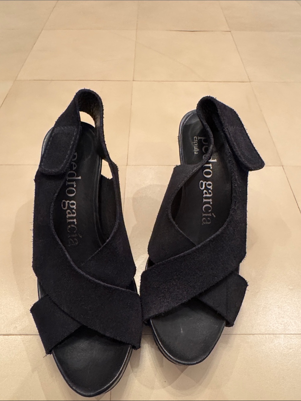 Pedro Garcia Black Suede Crisscross Slingback Sandals with Velcro Strap
